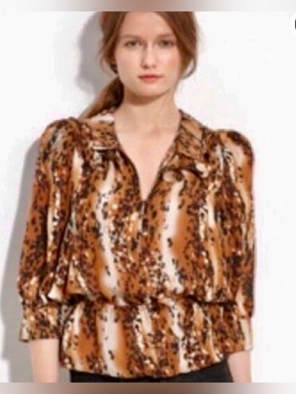 PARKER Leopard Print 100% Silk Ruffled V Neck Peplum Waist Blouse